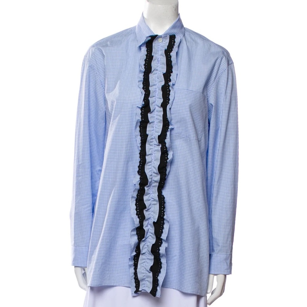 PRADA
Gingham Button-Front Shirt with Detachable Ruffle - Picture 2 of 8